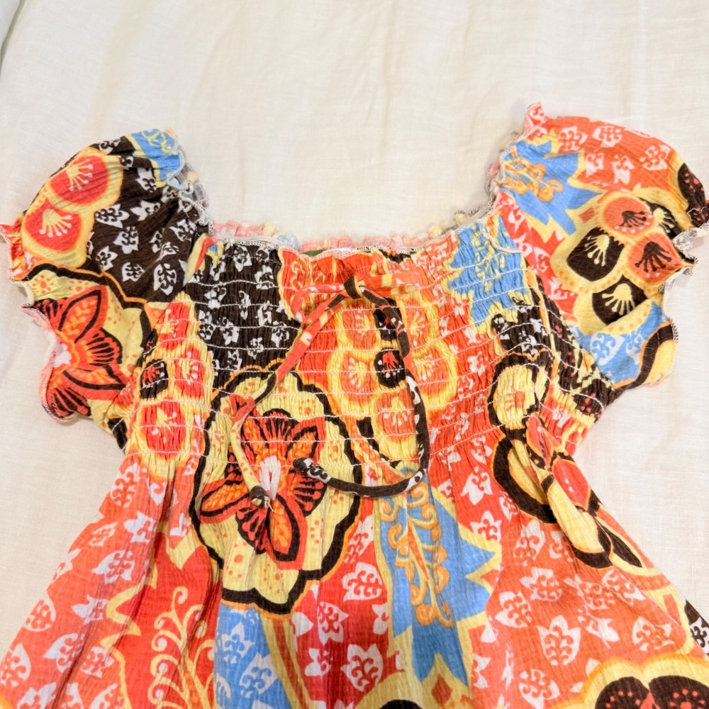 Lovebird Girls Floral Paisley Smocked Top Orange Blue Boho Ruffle Blouse L 14/16 - Picture 2 of 5
